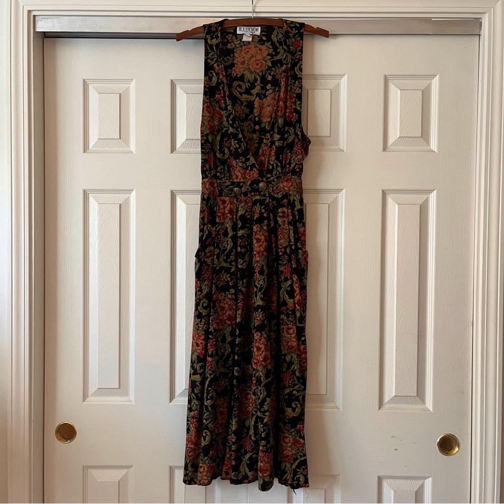 90s Floral Midi Dress V Neck Pockets